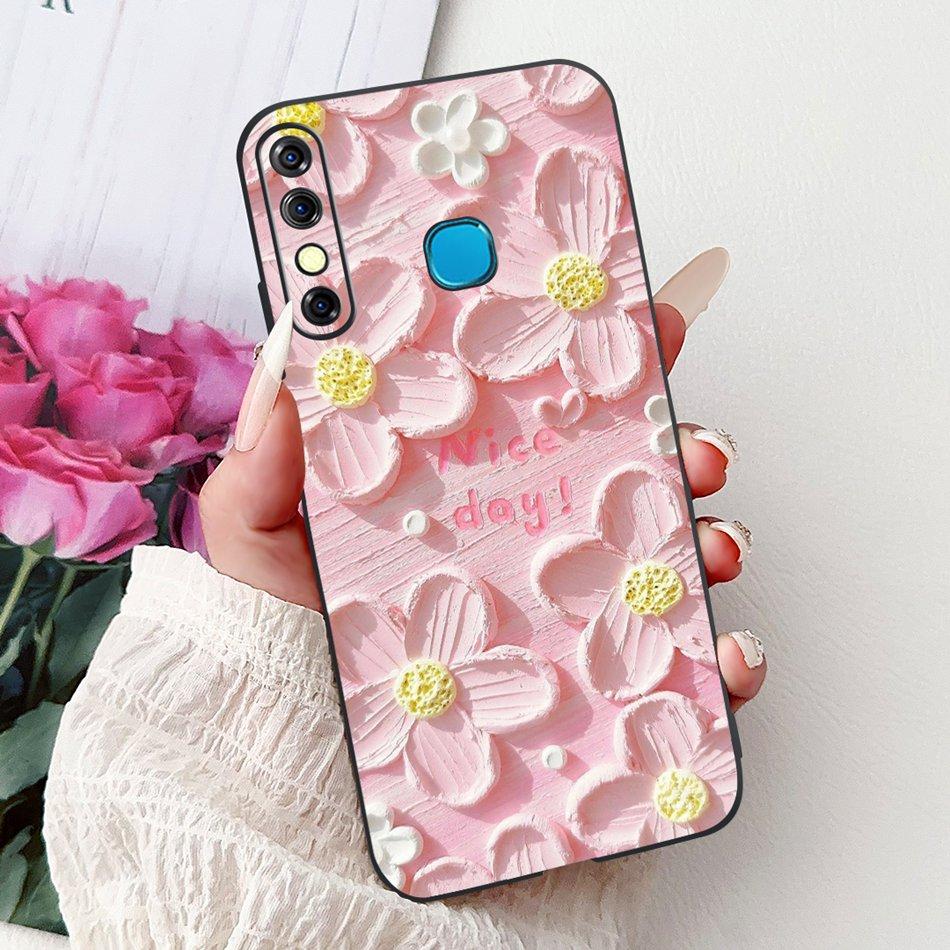 For Infinix Hot 8 Phone Case Hot 8 Lite Hot8 X650 X650C X650B X650D Elegant Floral Cat Pattern Black Silicone Soft TPU Cases