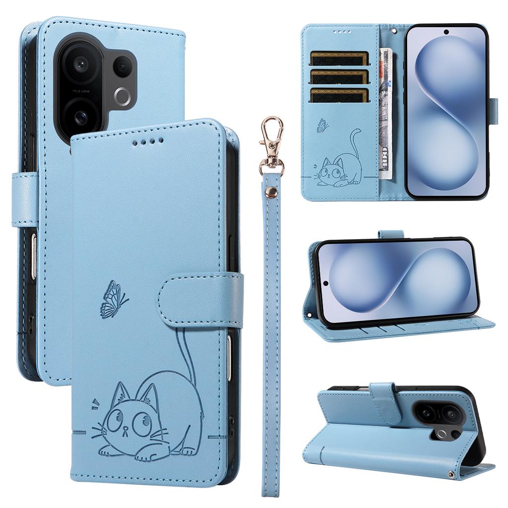 For vivo X200 FE 5G/vivo S30 Pro mini 5G Case Cat Pattern Imprint Leather Phone Cover with Wrist Strap