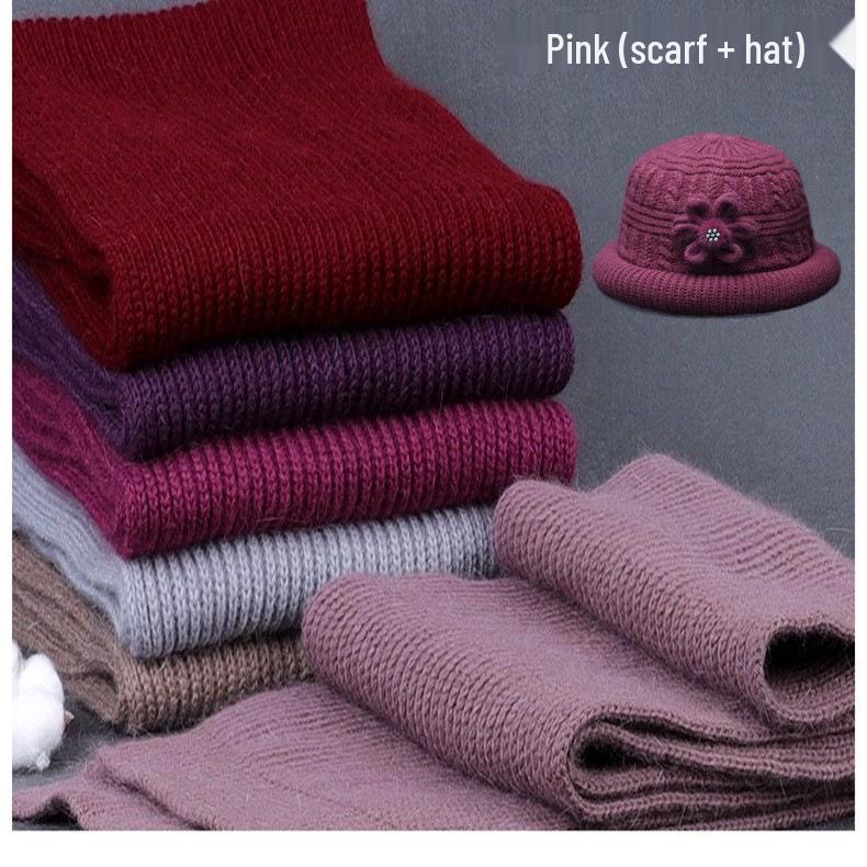Warm Wool Knit Hat & Scarf Set for Middle-Aged & Elderly Ladies - Thickened Velvet for Autumn & Winter