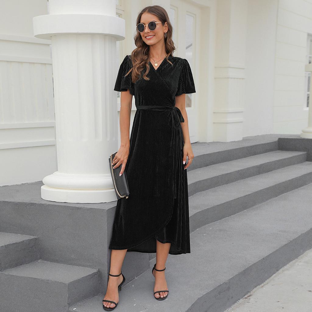 GMXIA Женская мода лето весна сплошной цвет печати короткий рукав V-образным вырезом повседневные платья