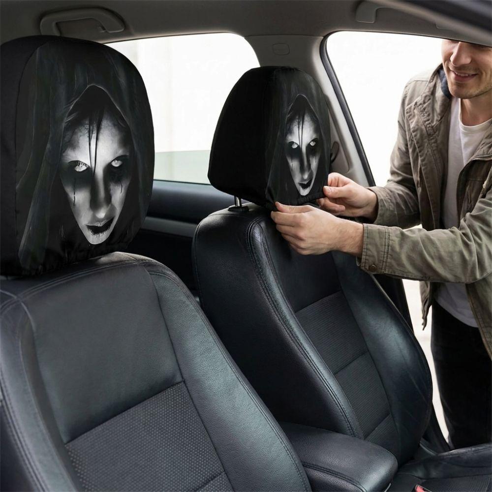 2Pcs Elastic Spooky Face Auto Headrest Sleeve Scary Nun Skull Auto Headrest Wrap Car Accessories
