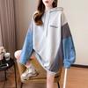 Women's Hooded Long Sleeve Oversized Casual Top Color Block Denim Splicing Letter Print Loose Fashion Hoodie Blouse