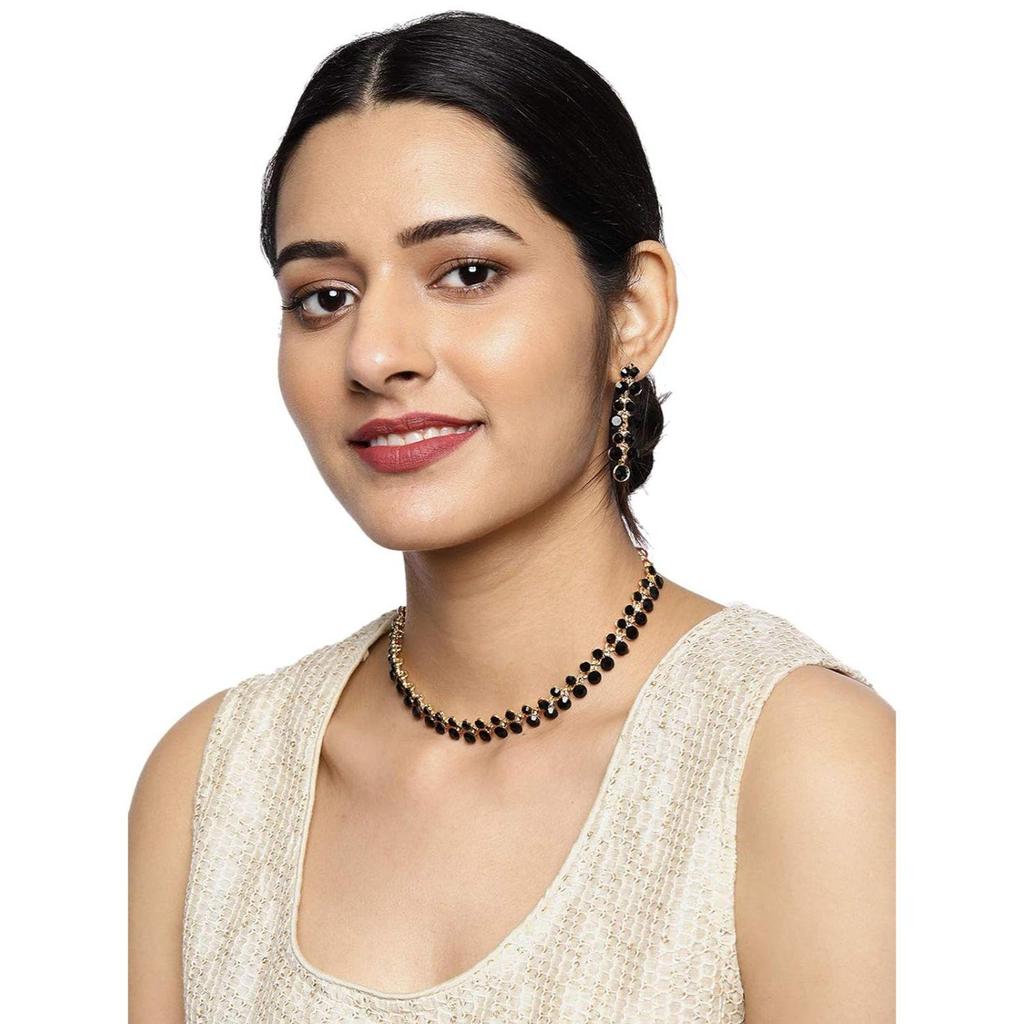 ZAVERI PEARLS Black Stones Gold Tone Choker Necklace Set For Women