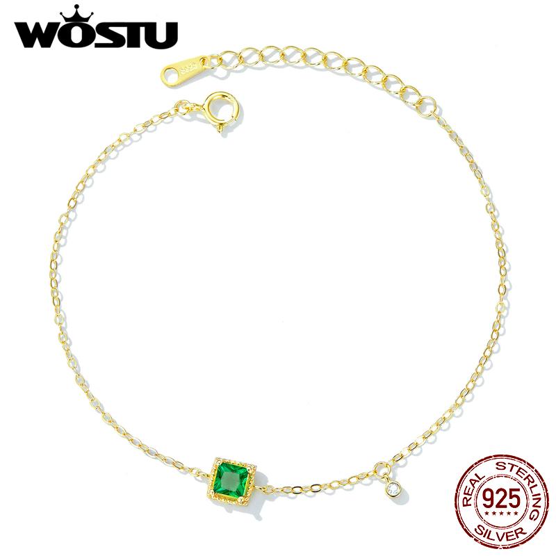 WOSTU Натуральный браслет из стерлингового серебра 925 пробы с блестящим квадратным зеленым цирконом для девочек, модная женская базовая цепочка, ювелирные украшения, подарок на вечеринку