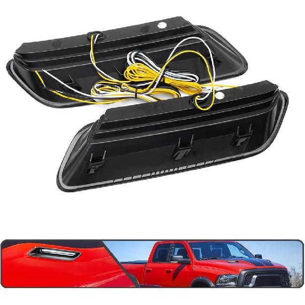 2Pcs White&Amber LED Hood Scoop Light for 2010-2018 Ram 1500 Sport Hood Air Flow Vent Grille Lamp with DRL Turn Signal Lights Functions Smoked Lens