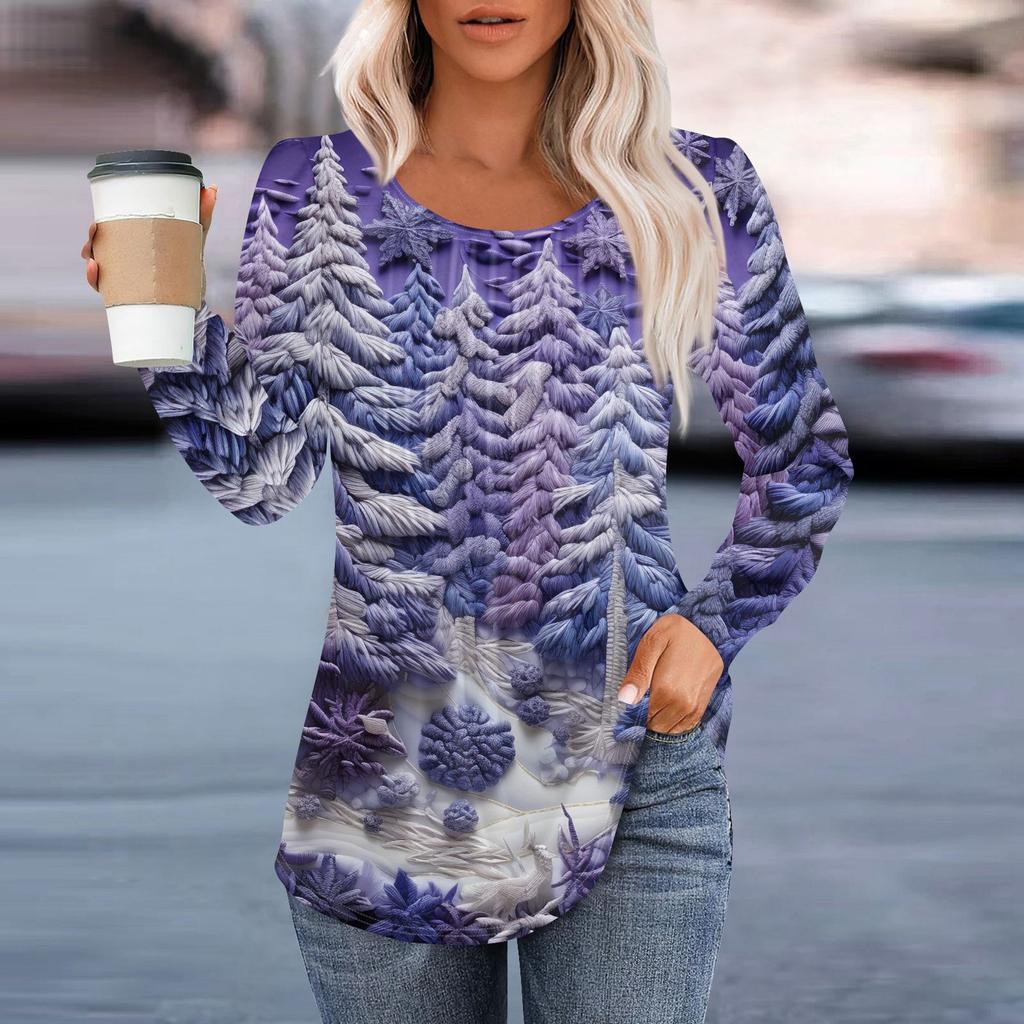 Женская повседневная и модная принтованная футболка с круглым вырезом и длинными рукавами, плиссированная футболка на Рождество