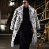 Mens White Leopard Print Faux Fur Long Coat Street Style Winter Outerwear