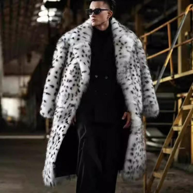 Mens White Leopard Print Faux Fur Long Coat Street Style Winter Outerwear