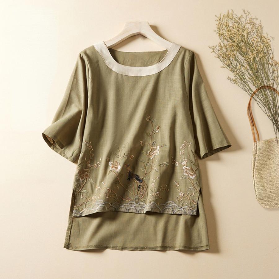 Повседневная хлопково-льняная рубашка, летний топ с вышивкой в ​​стиле ретро, ​​женская художественная блузка с круглым вырезом