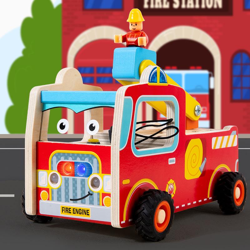 Wooden Led Switch Fire Truck Disassembly And Assembly Screw Nut Tool Cart Children'S Montessori Early Education Educational Toys