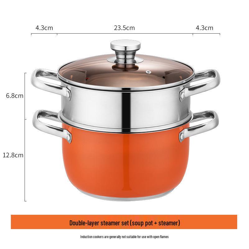 Orange Stainless Steel Double-Layer Steamer and Cooking Pot with Thickened Composite Steel for Induction Cookers
