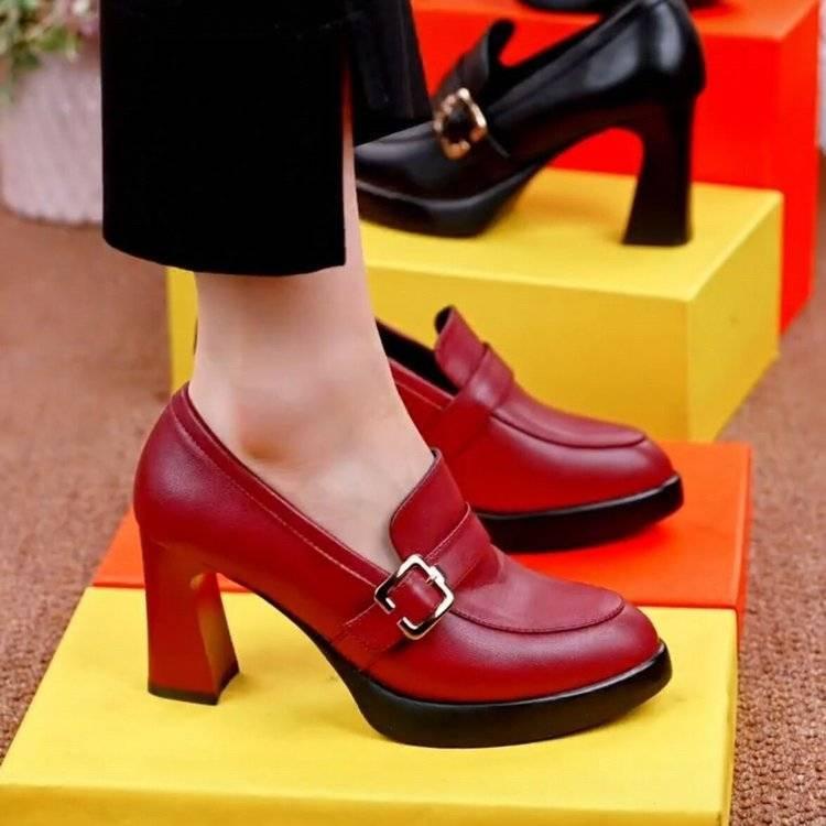Waterproof Platform High Heels Pointed Women's Shoes Spring Thick-soled Thick-heeled Fashion Shoes Deep-mouthed Women's Leather Shoes