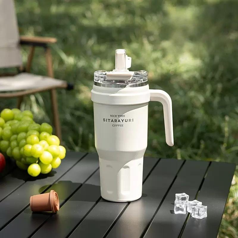 JUSTINLAU 1.1L Thermos Cup Stainless Steel Vacuum Flasks with Dust-proof Straw Cap Double-drink Car Cups Leak-proof Travel Mugs