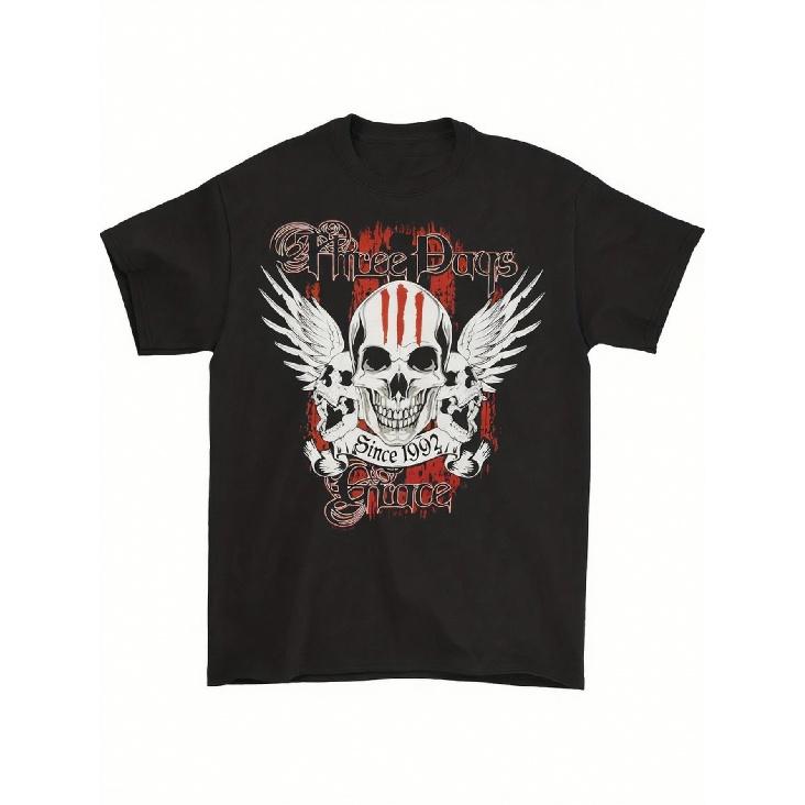 Three Days Grace Official Band Merch Since 1992 Tour T-Shirt for Men | Heavyweight Black Tee with Skull & Wings Graphic White Band Logo Print, Casual