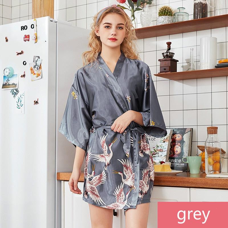 Comfortable V-neck Satin Robe Vintage Women Silk Satin Robe Sexy Nightgown Kimono Sleepwear Waistband Nightdress