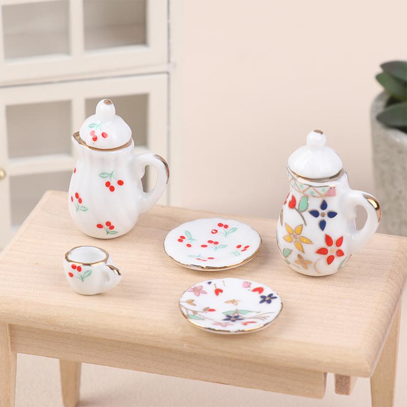1Комплект 1:12 миниатюрных керамических чайных сервизов для кукольного домика, чашка, чайник, поднос, цветы, столовые приборы, кухонный декор, игрушечные аксессуары для кукольного домика