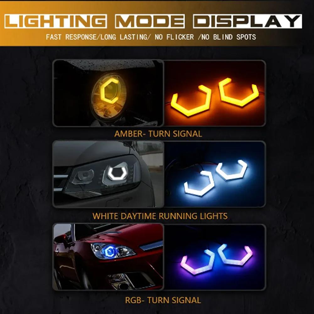 2PCS Car Modification Angel Eye BMW Hexagonal Turn Signal Bluetooth APP Headlights RGB Aperture Driving Lights Decorative Lights