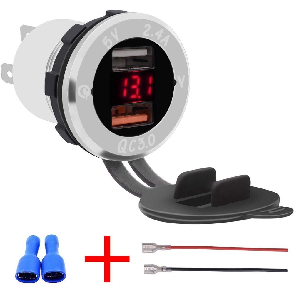 Aluminum Alloy Fast Charge QC 3.0 Dual with Voltmeter Charger DC12V-24V led display for cars motorcycles ATVs RVs SUVs boats