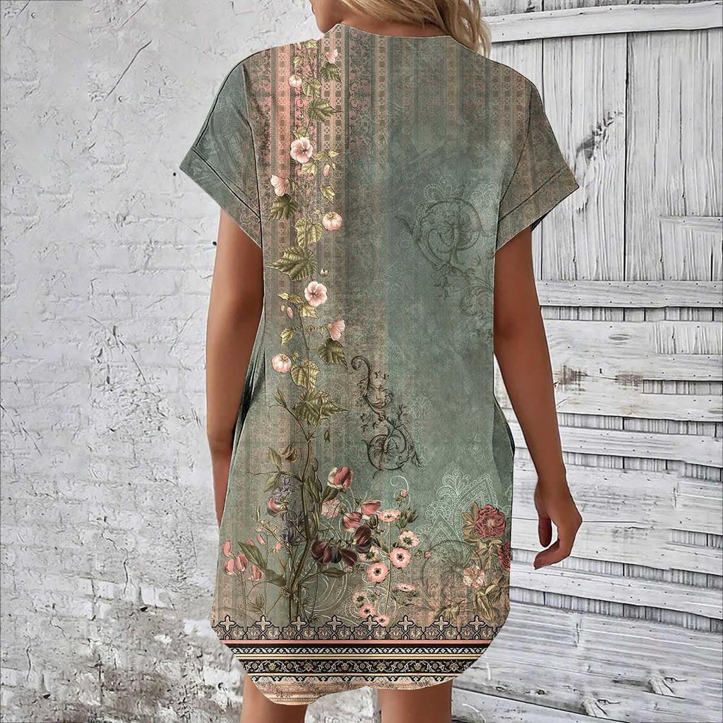 Женское модное летнее свободное платье-футболка средней длины с принтом и короткими рукавами