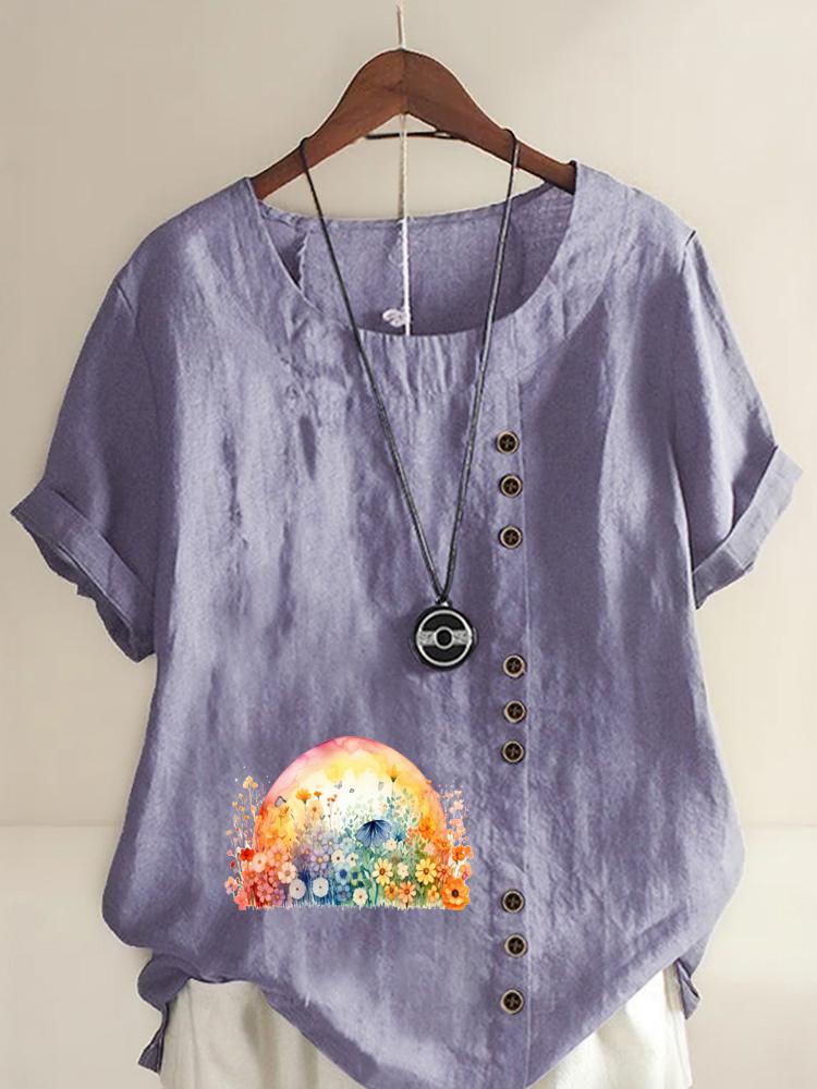 Women's Fashion Colorful Flower Clusters Print Shot Sleeve T-shirt Loose Cotton Shirt Casual Loose Summer Blouse Tops Plus Size