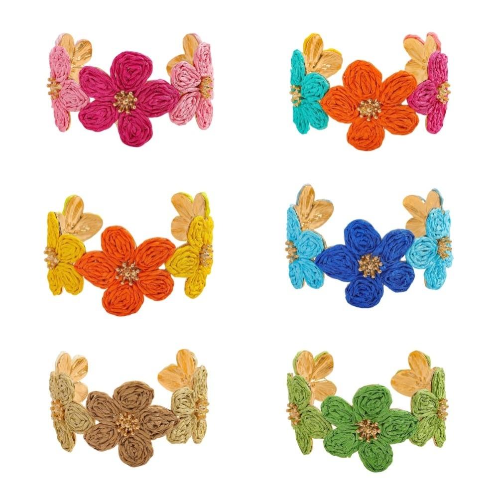 Colorful Woven Flower Bangle Vintage Hand Ring Retro Raffia Grass Bracelet Daily