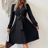 Early Autumn Fashion Pleated Women's Black V Neck Long Sleeve Lace Up High Waist A Line Dress