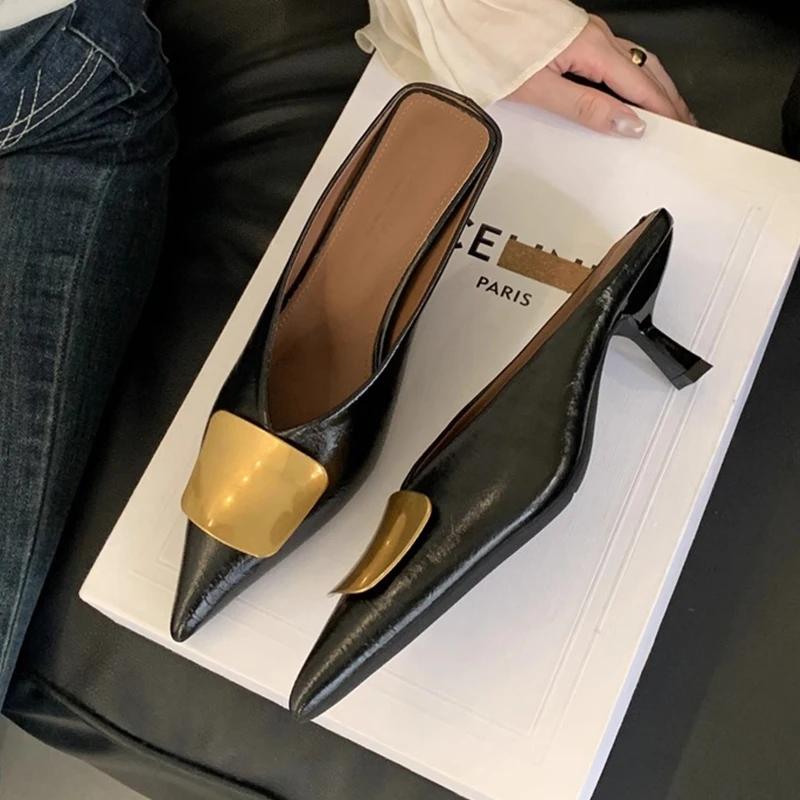Модная Роскошная Женская Обувь Туфли на Высоком Каблуке Туфли-Мюли Обувь с Острым Носком Босоножки на Каблуке для Женщин Элегантные Вечерние Шлепанцы 2025 Дизайнерская Обувь Zaoatos
