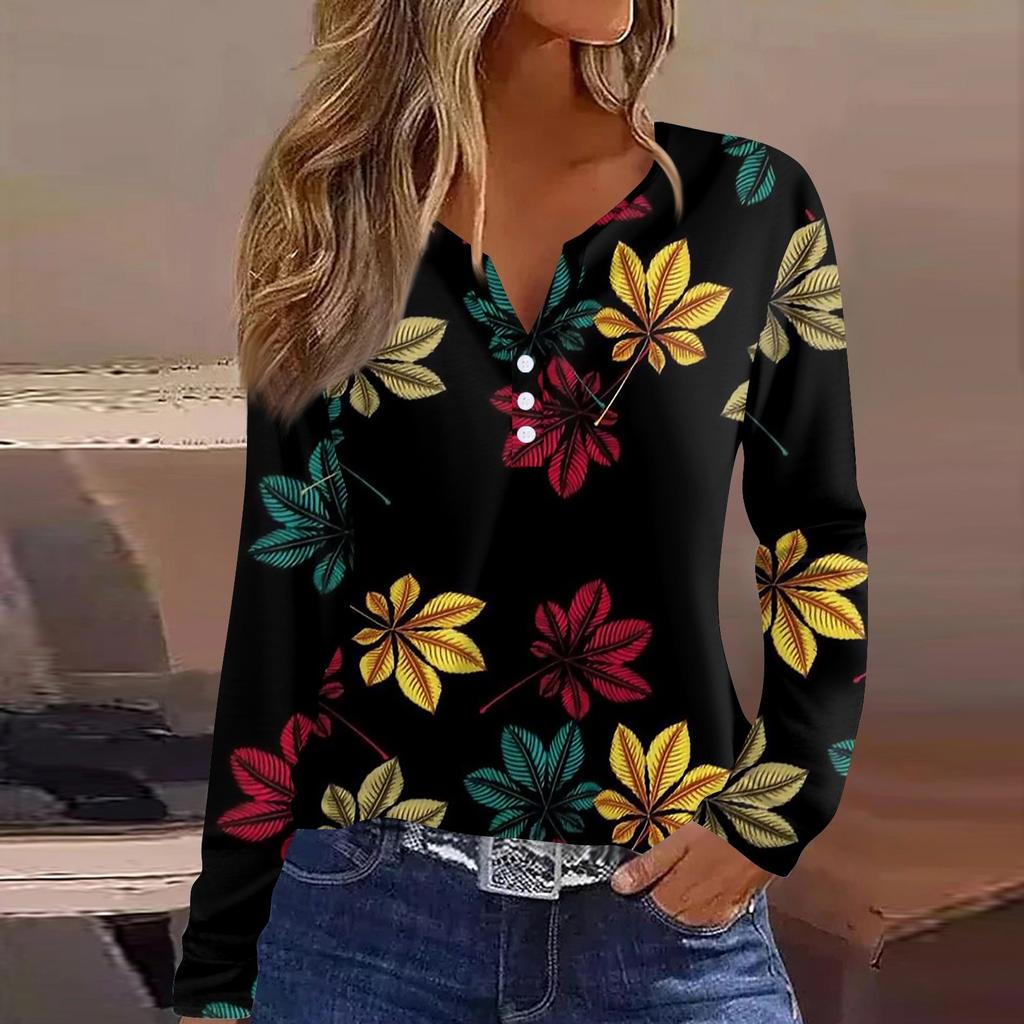 Жен. Футболка Футболка на пуговицах с длинным рукавом Повседневные Выходные Мода Классический Топ с v-образным вырезом Обычный