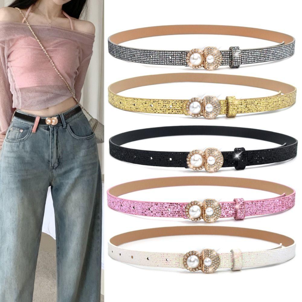 Bling Bling PU Leather Belt Glitter Pearl Buckle Belt Women Fashion Waist Strap
