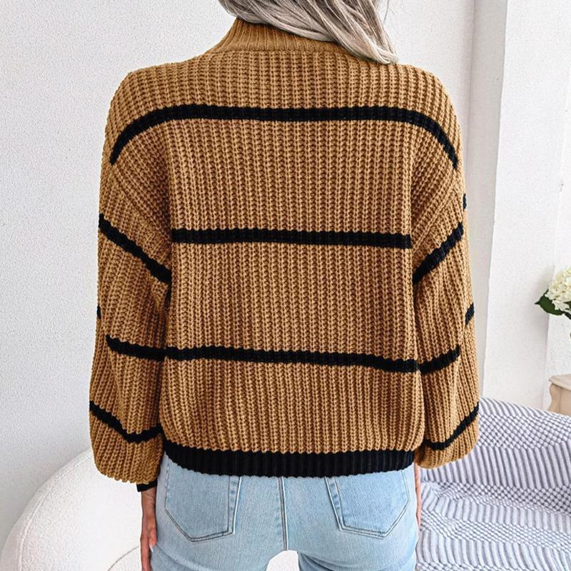 Повседневный полосатый свитер, женский свободный вязаный топ с рукавами-фонариками, полуводолазка