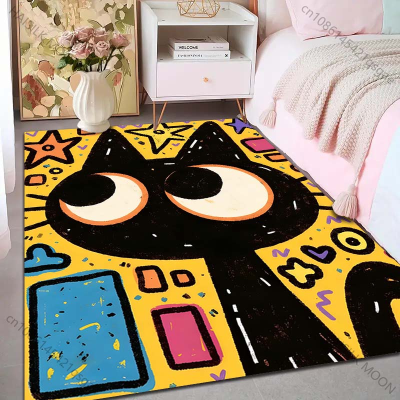 1PC Black cat with colorful background Carpet for Living Room Bedroom Sofa Home Decor Rus Non-slip Floor Mat Luxury Gift