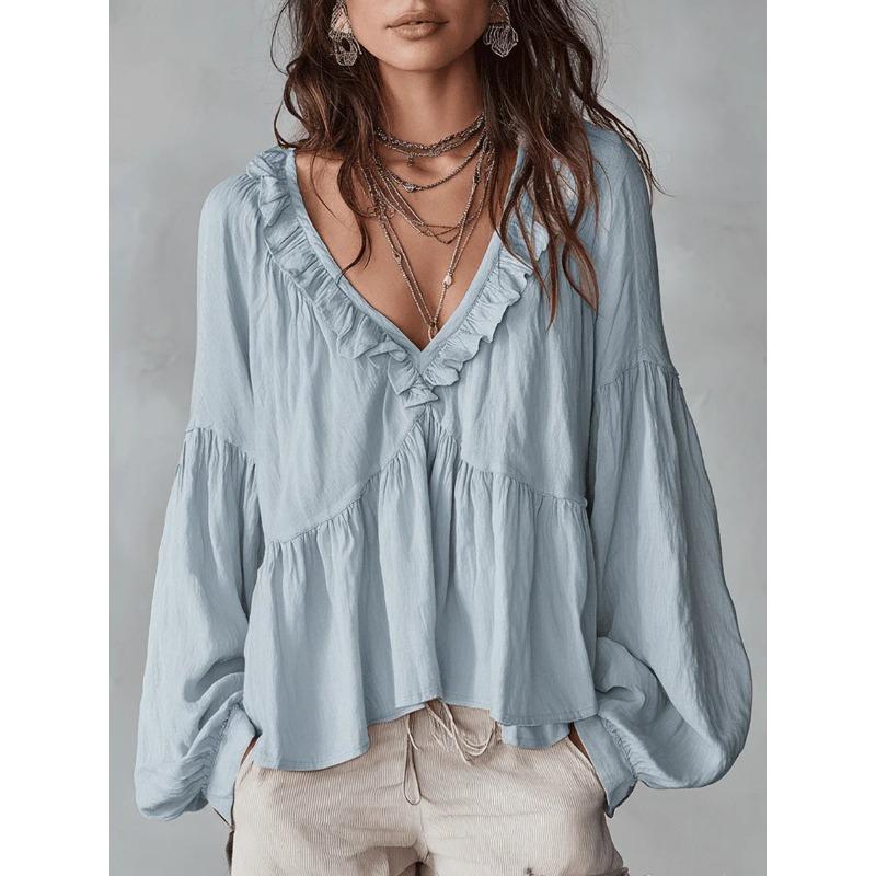 Casual Sweet V Neck Puff Sleeve Pleated Long Sleeve Women Shirt Top