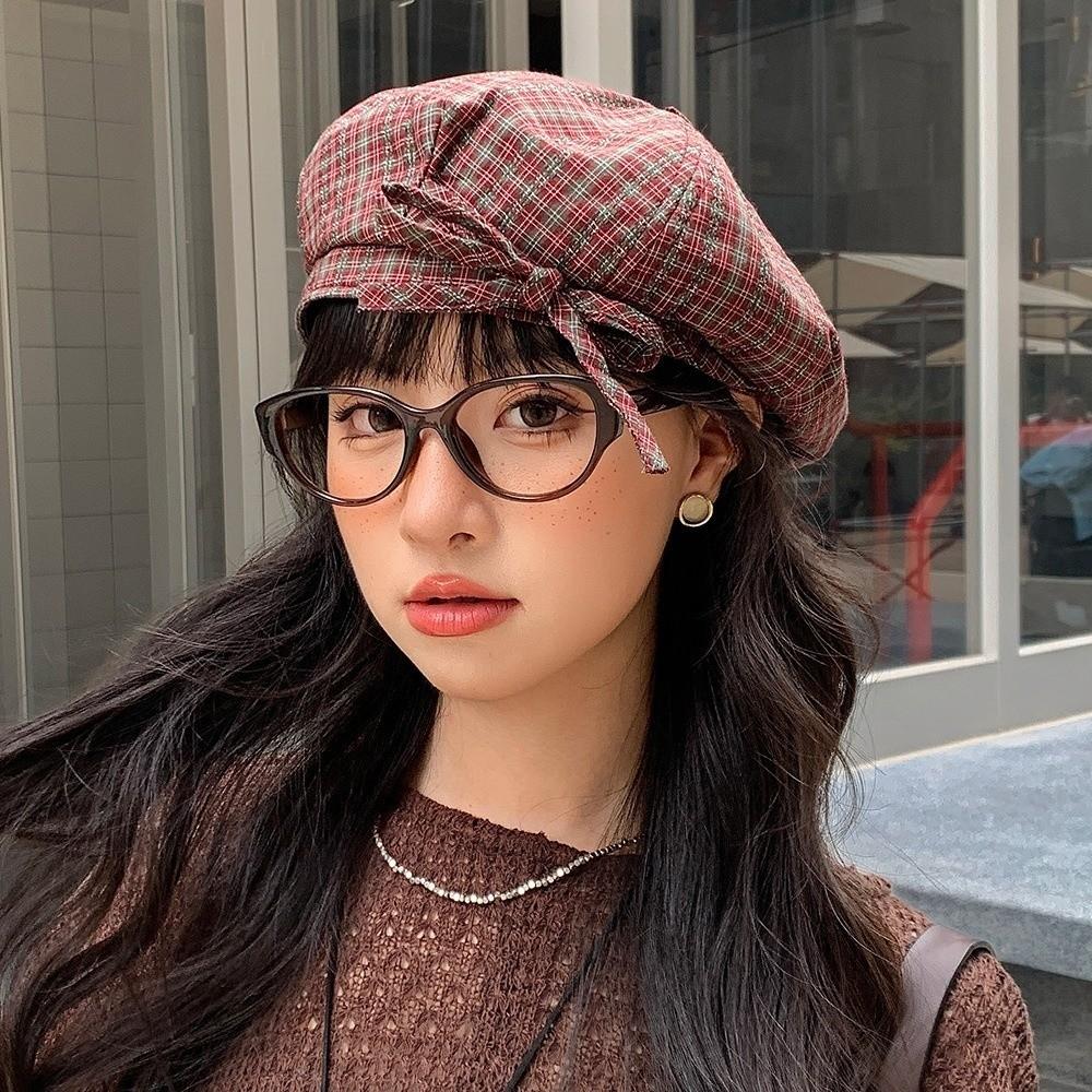 Кепка-берет в клетку в корейском стиле с бантом, женская восьмиугольная кепка, крутая женская шляпа художника, для улицы