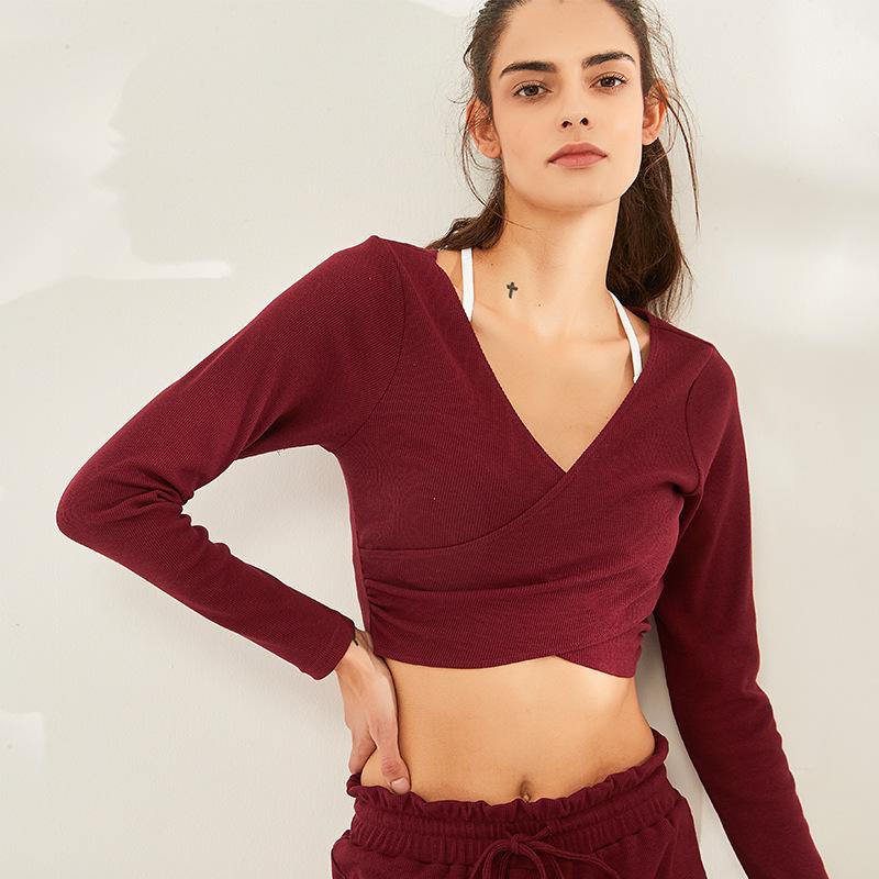 Женский быстросохнущий топ с V-образным вырезом и длинными рукавами для йоги и бега