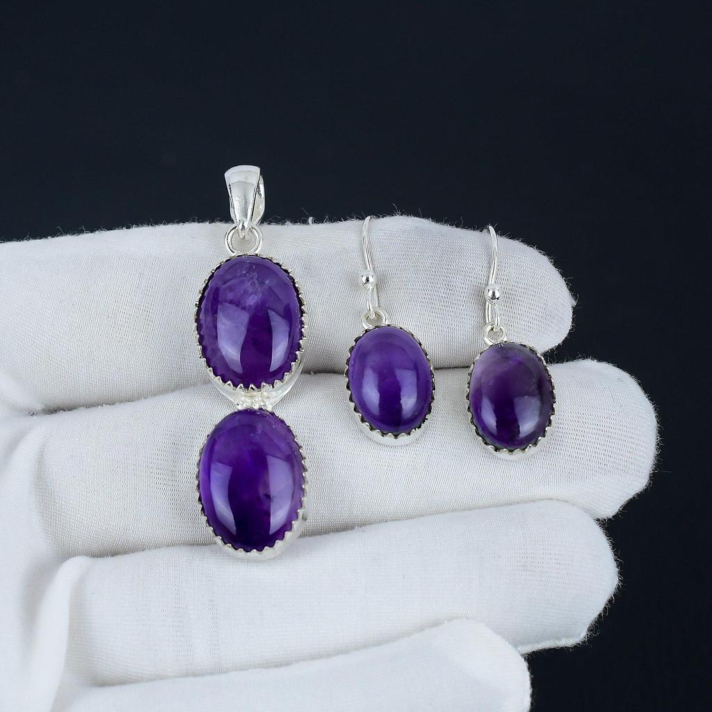 Комплект подвесок из натурального аметиста, аметистовый драгоценный камень, ручная работа, серьги, подвеска из стерлингового серебра 925 пробы, комплект для женщин, подвеска, праздничный наряд, подарок для любимого человека