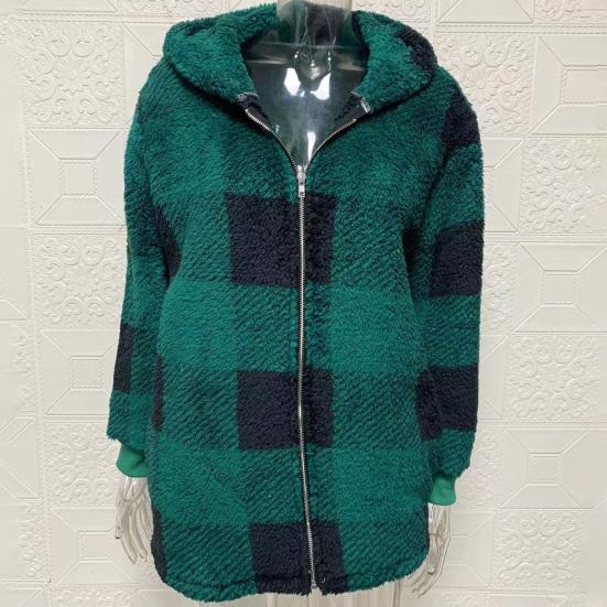 Женское пальто, клетчатая молния с капюшоном, свободные карманы, куртка-кардиган, осень-зима, толстое плюшевое пальто, уличная одежда