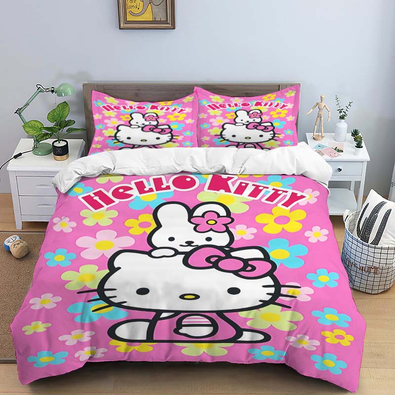 This adorable Hello Kitty printed cartoon duvet cover bedding set is a cute anime-themed home decor item suitable for both child