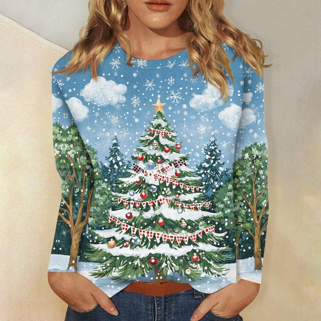 Рубашки с длинным рукавом для женщин Милые принты Футболки Блузки Повседневные Большие размеры Базовые топы Пуловеры Рождественские