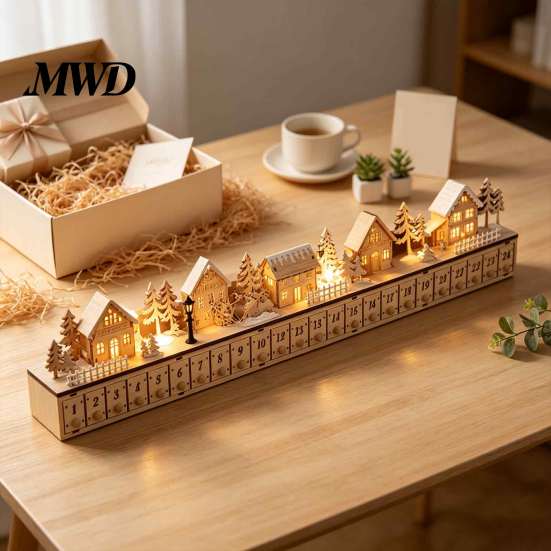 Rustic Wood Advent Calendar for Family Light-Up Wooden Christmas Village Calendar, 24 Drawers Countdown Festive Table Centerpiece Party LED