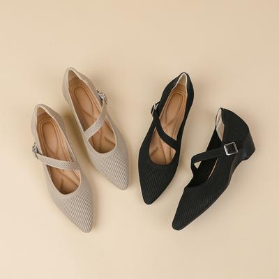 Женские туфли-лодочки Mary Jane на танкетке с острым носком, удобные нарядные туфли, вязаные туфли на толстом каблуке с ремешком, повседневные туфли без застежек для ходьбы, офисные туфли на низком каблуке для женщин