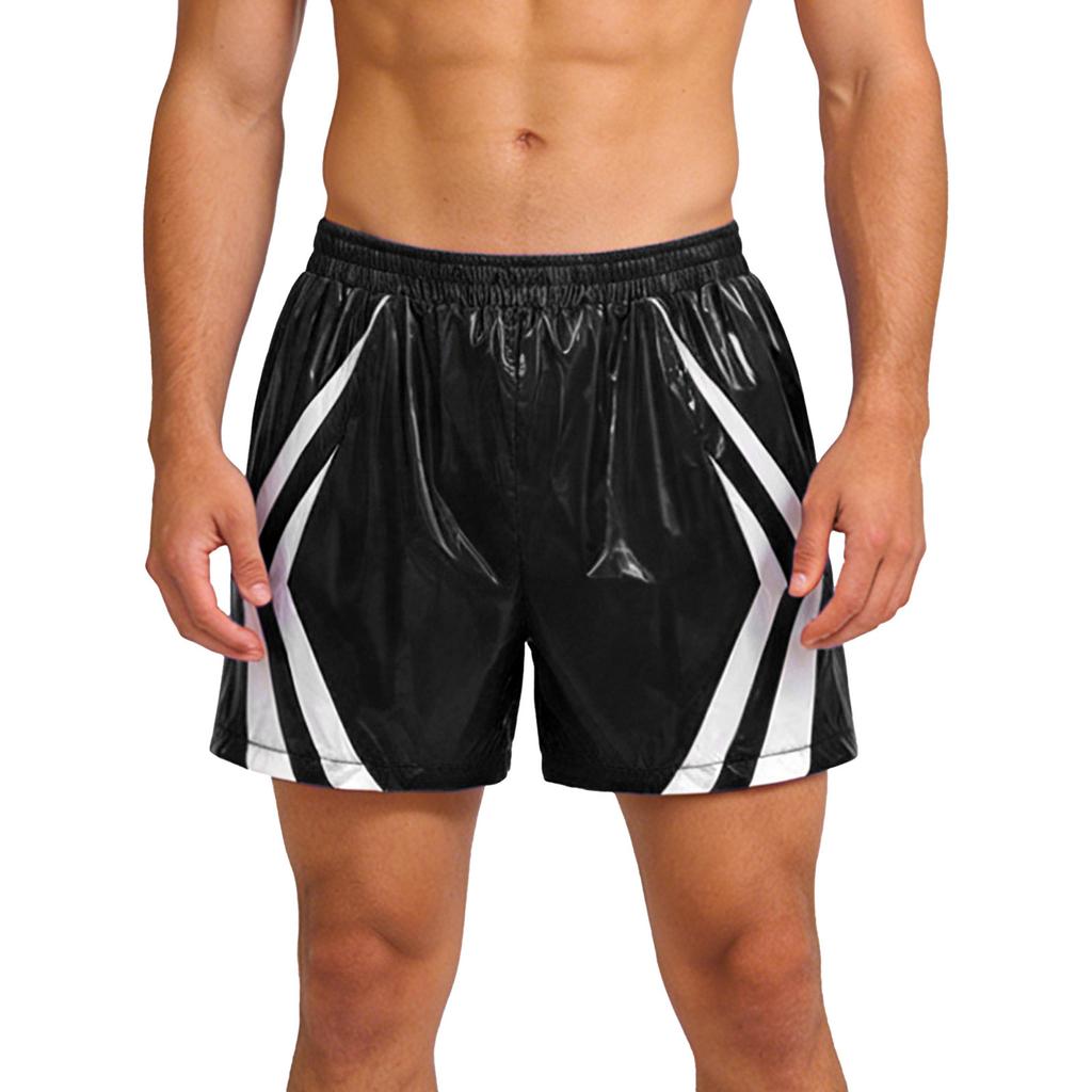 Mens Waterproof Swim Trunks Pockets Color Blocking Stripes Elastic Waistband Athletic Bottoms