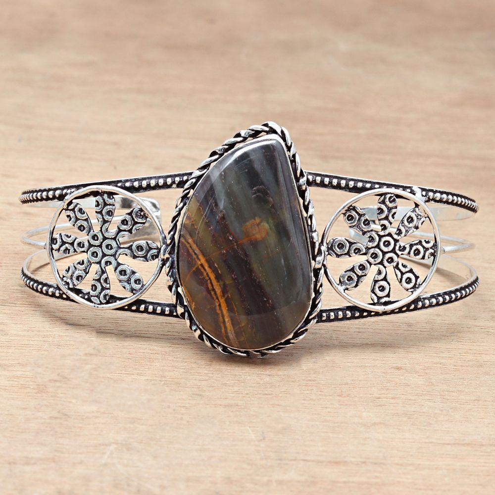 Design Jasper Gemstone Handmade Silver Jewelry Cuff Bracelets 7''Adjustable