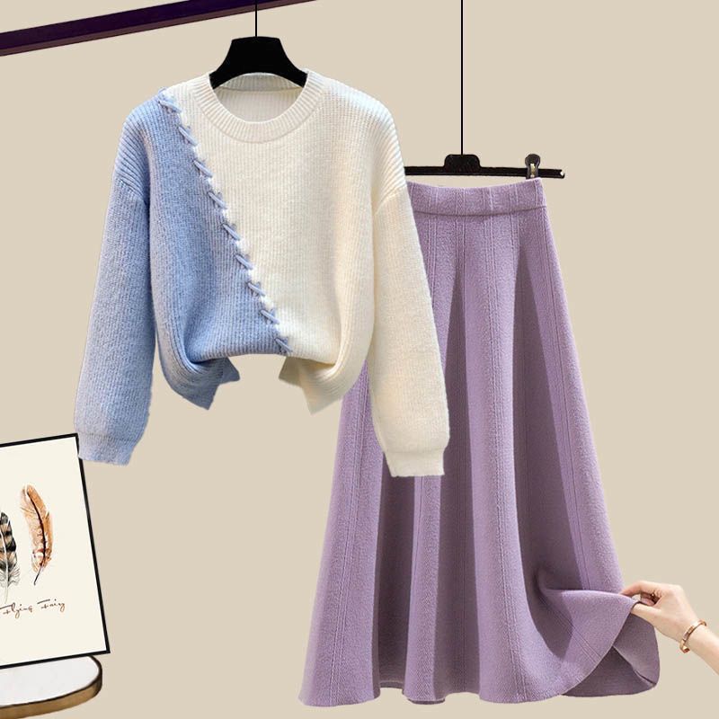Fall/Winter Women's Skirt Suits Color-Blocked Pullover Knit Sweater Knit Skirt Two-Piece Set A Line Skirt Knit Top Outfits
