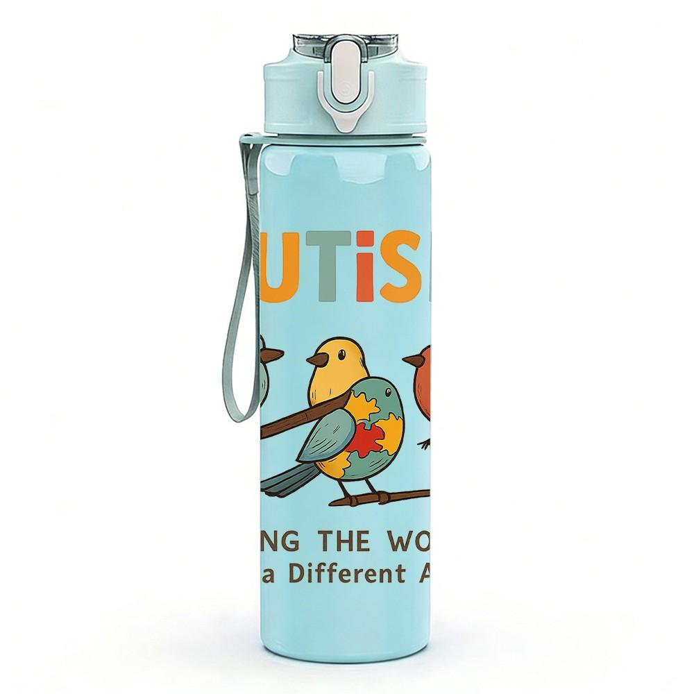 1PC Autism Colorful Bird Floral 750ml Color Plastic Sports Water Bottle Leakproof Flip Straw Lid Suitable for Sports Office Home Use