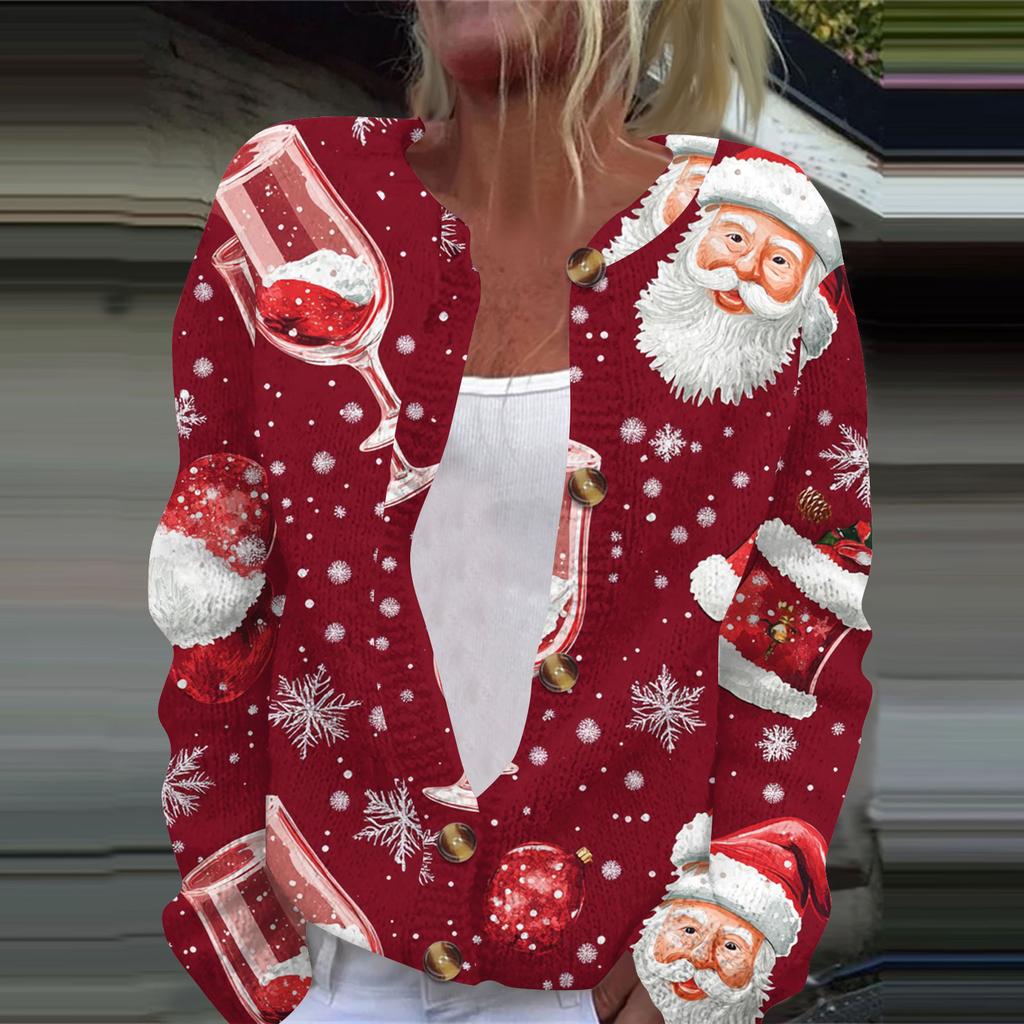 Women's Fashion Christmas Printed Long Sleeve Knitted Cardigan Button Down Jacket