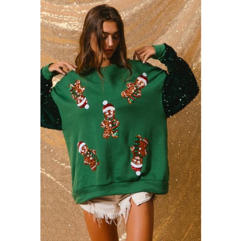 Christmas Glitter Hoodie Stylish Women's Christmas Tree Long Sleeve Top Cute Gingerbread Man Casual T-Shirt Chic Holiday Attire