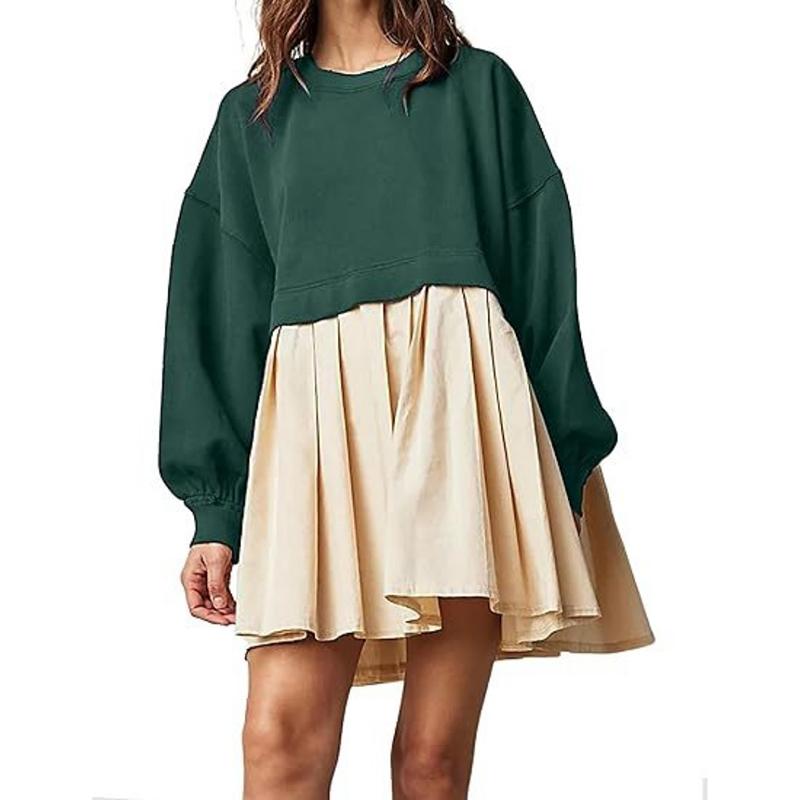 Осеннее новое свободное повседневное платье с длинным рукавом, женское элегантное лоскутное однотонное платье А-силуэта больших размеров, женское круглое шею, винтажное сексуальное короткое платье для вечеринки 25171