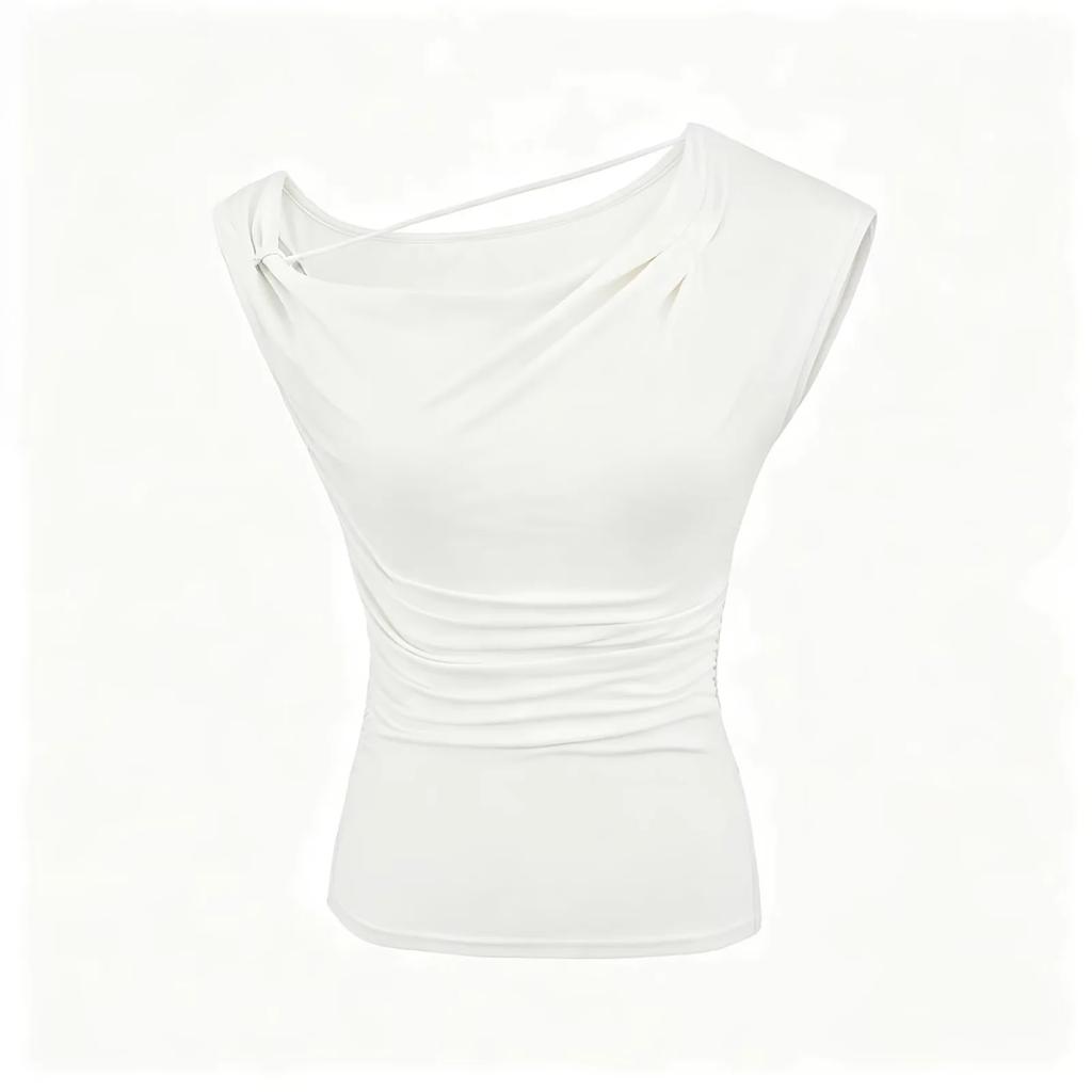 Slant shoulder collar split short-sleeved T-shirt women's summer new American Spice Girl solid color slim-fitting inner bottom top