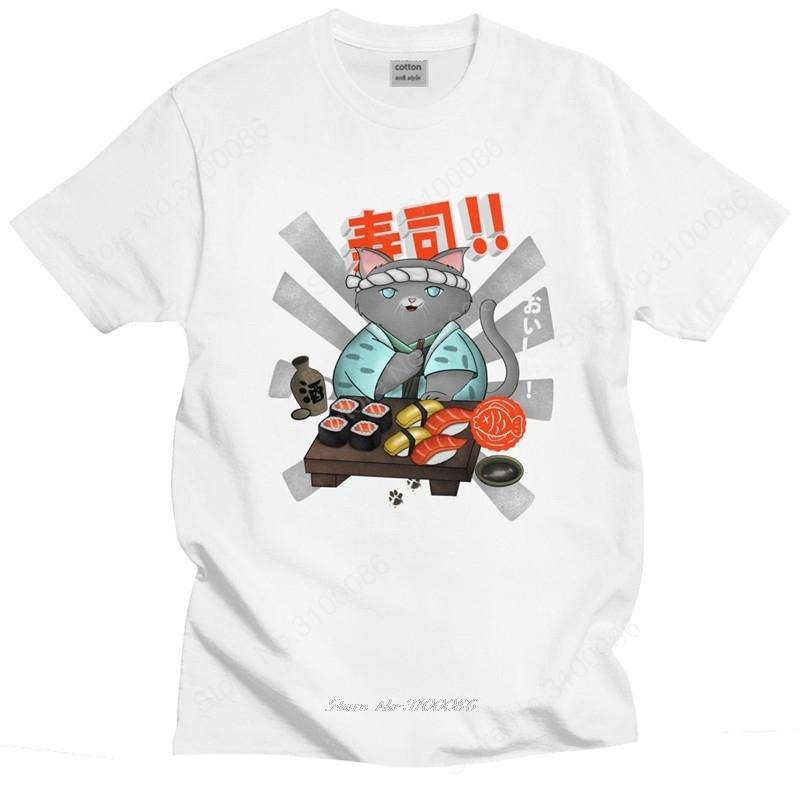 Trendy Unisexs Vintage Sushi Cat Tee Shirt Short Sleeved Cotton Tshirt Summer Cartoon Tshirt Japan Anime Tops Slim Fit Clothes