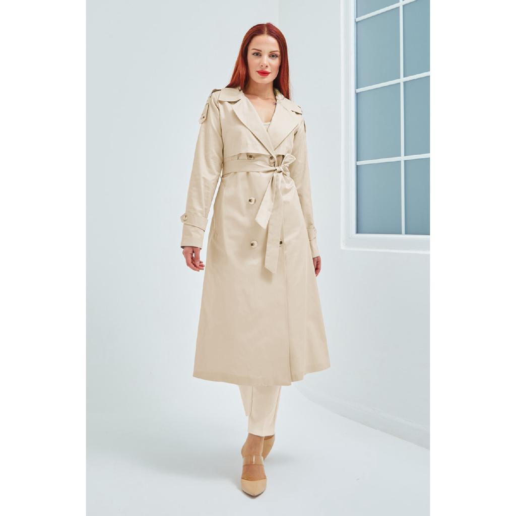 Waterproof Medium Length Unlined Cotton Double Breasted Trench Coat Beige 3440